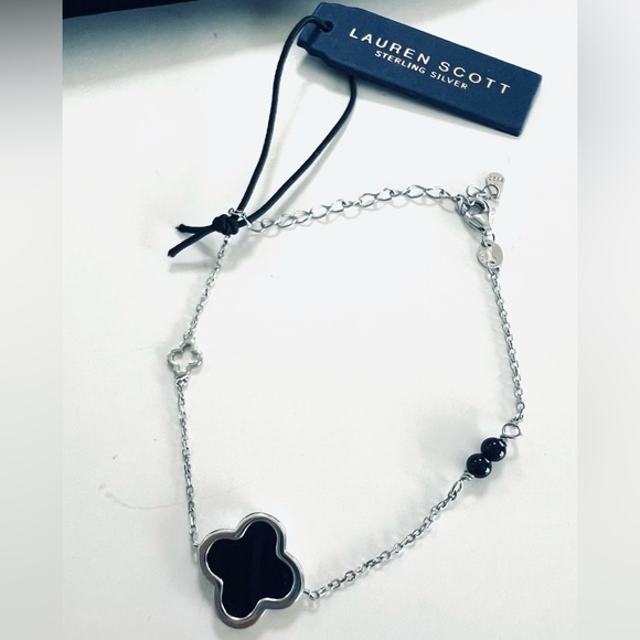Lauren Scott Clover Black Stone Ball & Sterling Silver 925 Chain Bracelet - Picture 2 of 15